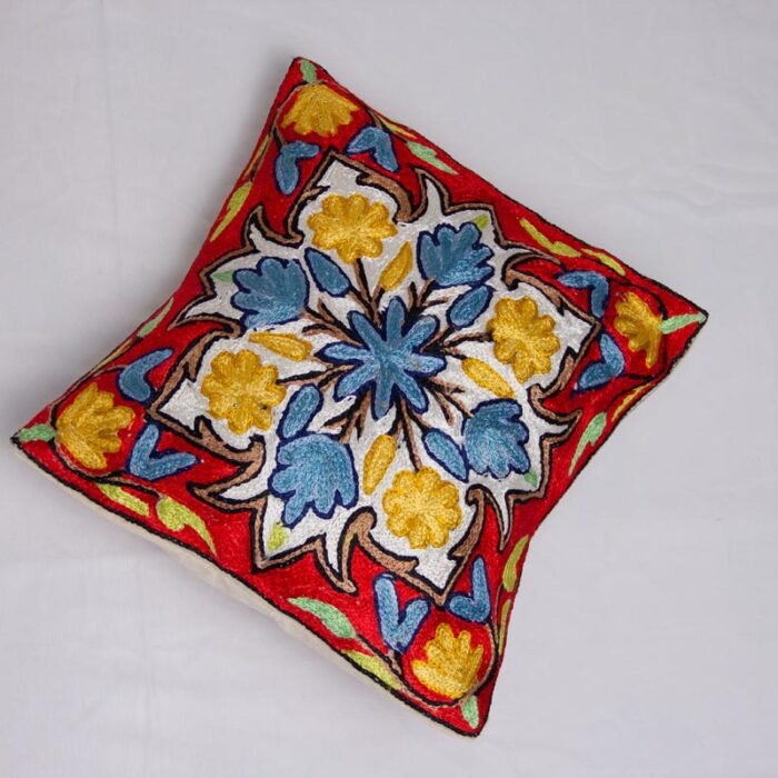 Red Bahar Kashmiri Chainstitch Cushion Cover 12×12 (Pair)