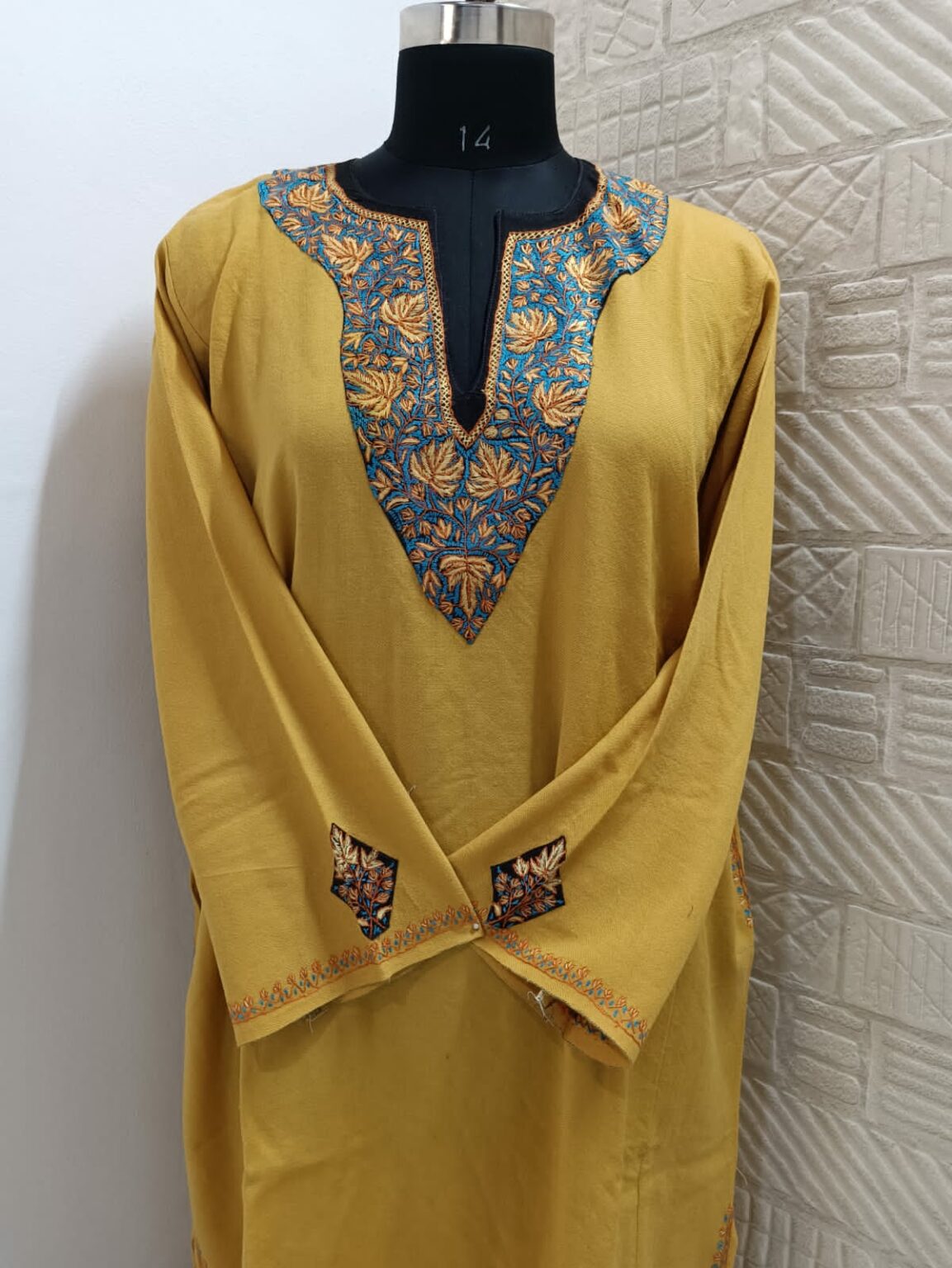 Yellow Pure Raffal Pheran With Intricate Sozni Hand Embroidery
