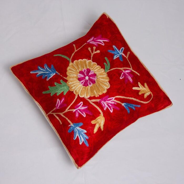 Red Floral Kashmiri Chainstitch Cushion Cover 12×12 (Pair)