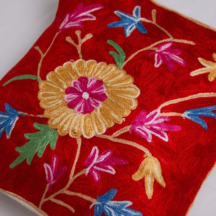 Red Floral Kashmiri Chainstitch Cushion Cover 12×12 (Pair) - Image 2