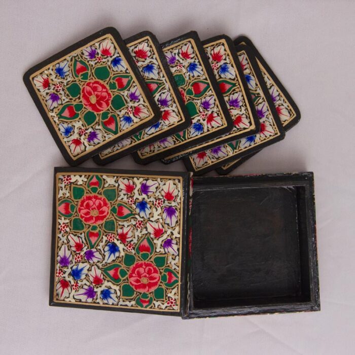 Red Rose Handcrafted Paper Machie Square Coaster Set