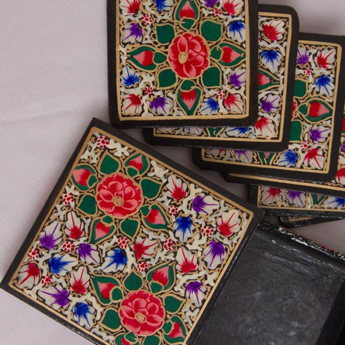 Red Rose Handcrafted Paper Machie Square Coaster Set - Image 2