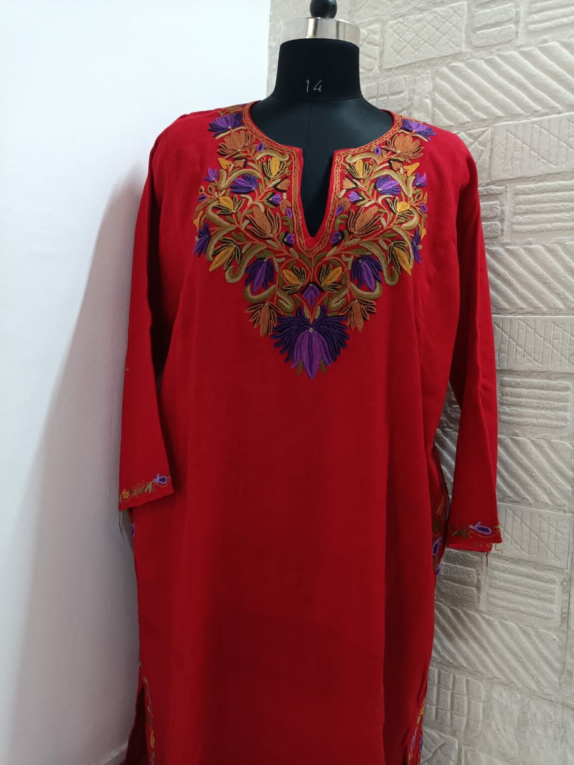 Tomato Red Pure Raffal Pheran With Colourful Hand Aari Embroidery