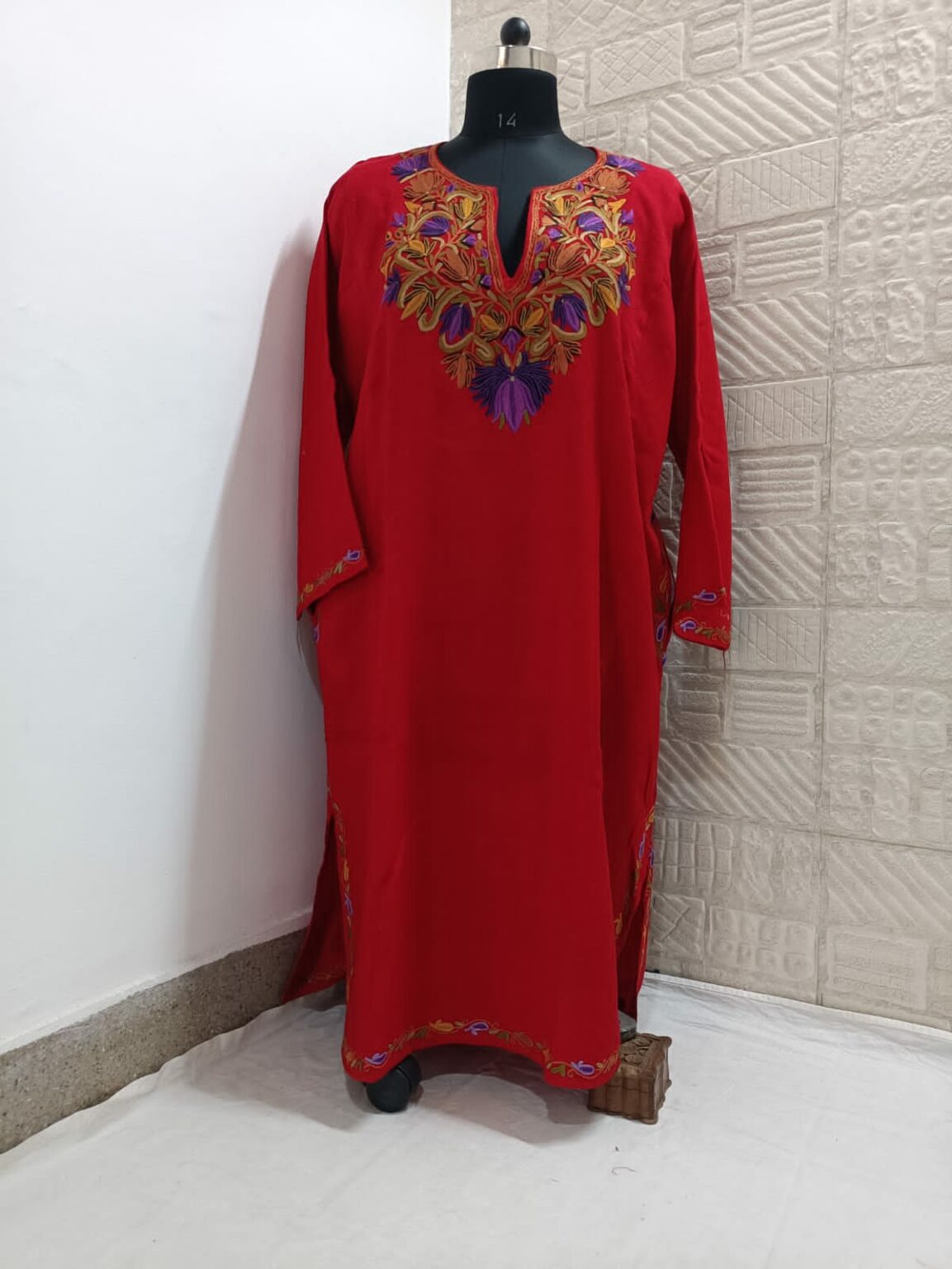 Tomato Red Pure Raffal Pheran With Colourful Hand Aari Embroidery - Image 3