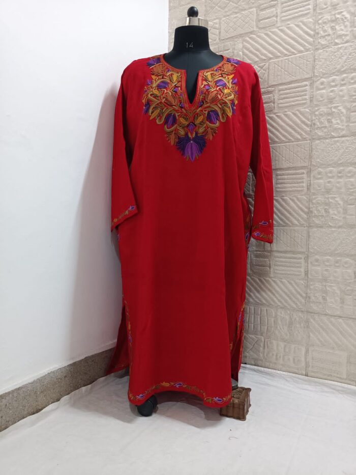 Tomato Red Pure Raffal Pheran With Colourful Hand Aari Embroidery - Image 3