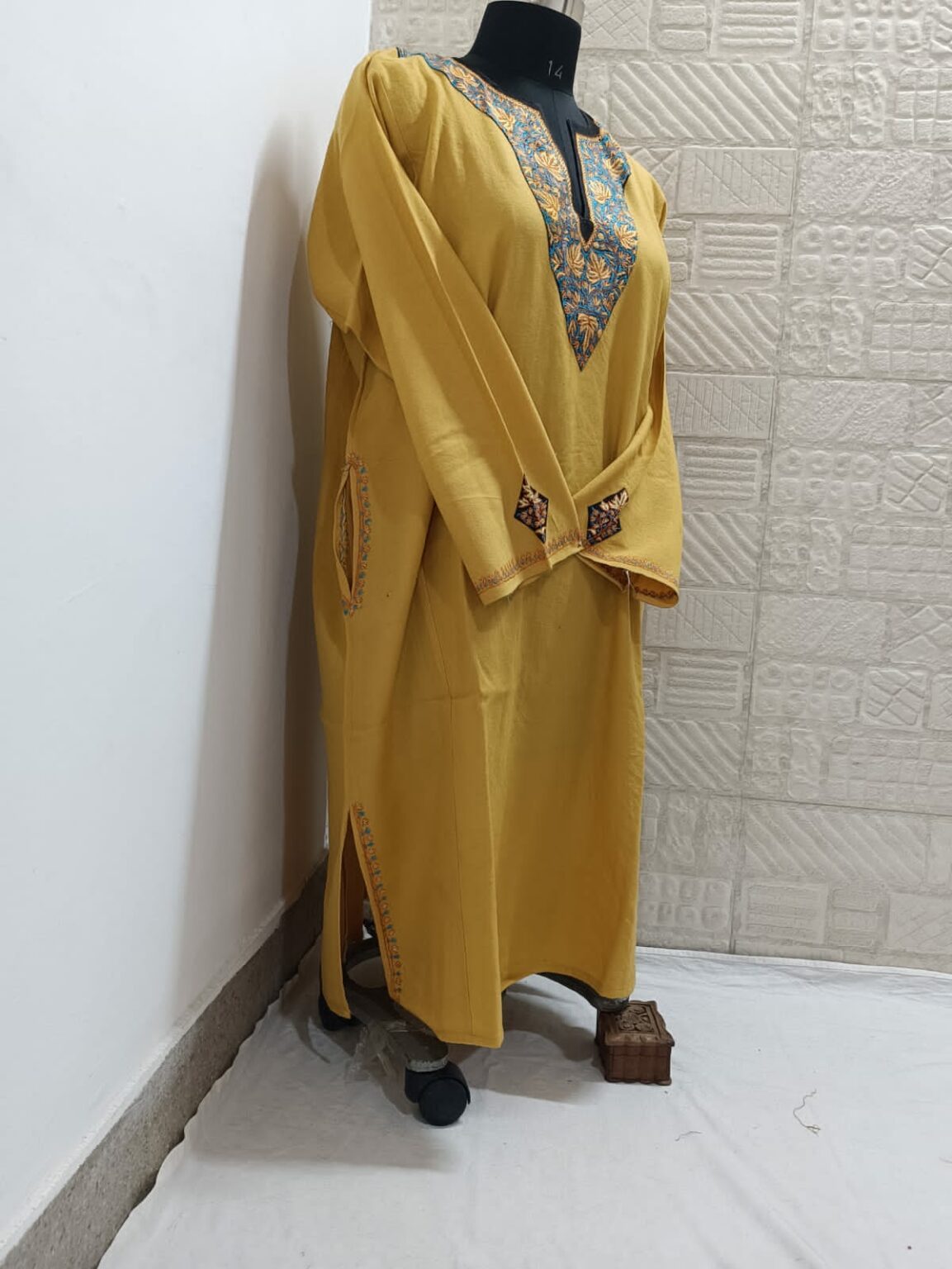 Yellow Pure Raffal Pheran With Intricate Sozni Hand Embroidery - Image 3