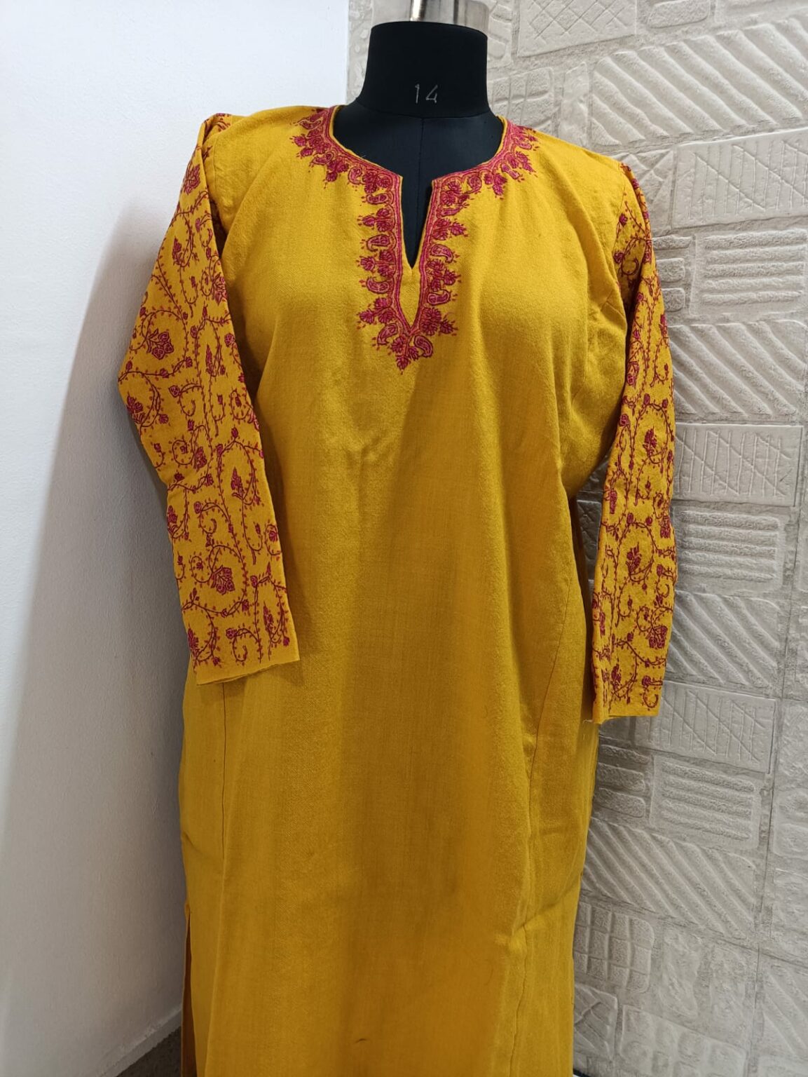 Yellow Pure Raffal Pheran With Rose Hand Sozni Embroidery