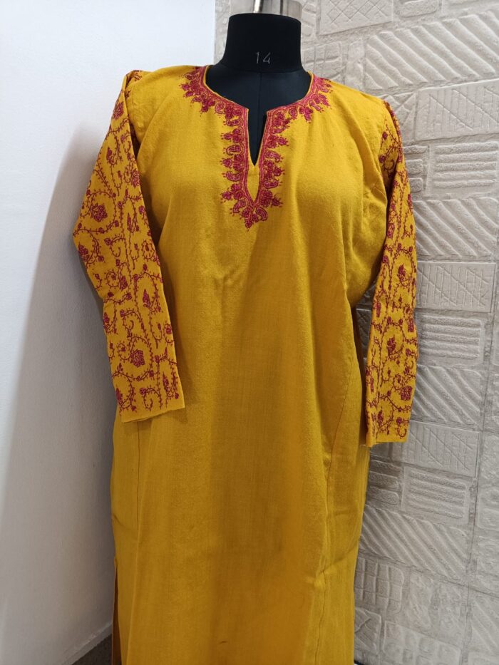 Yellow Pure Raffal Pheran With Rose Hand Sozni Embroidery