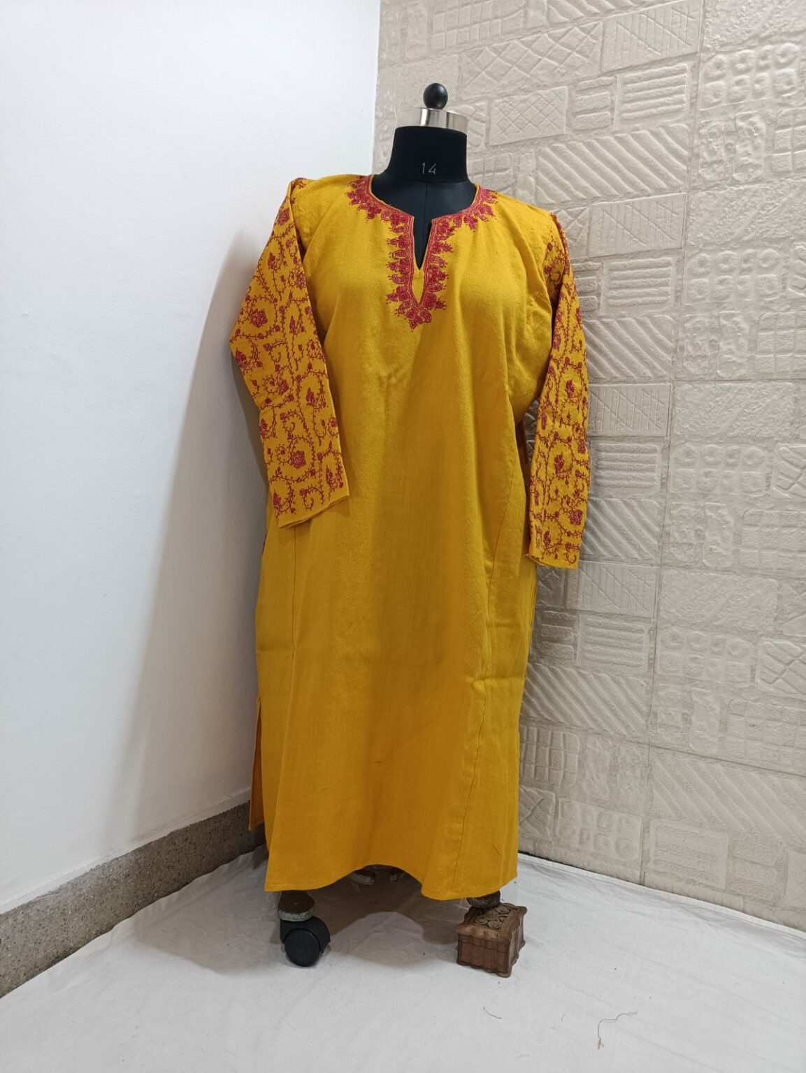 Yellow Pure Raffal Pheran With Rose Hand Sozni Embroidery - Image 3