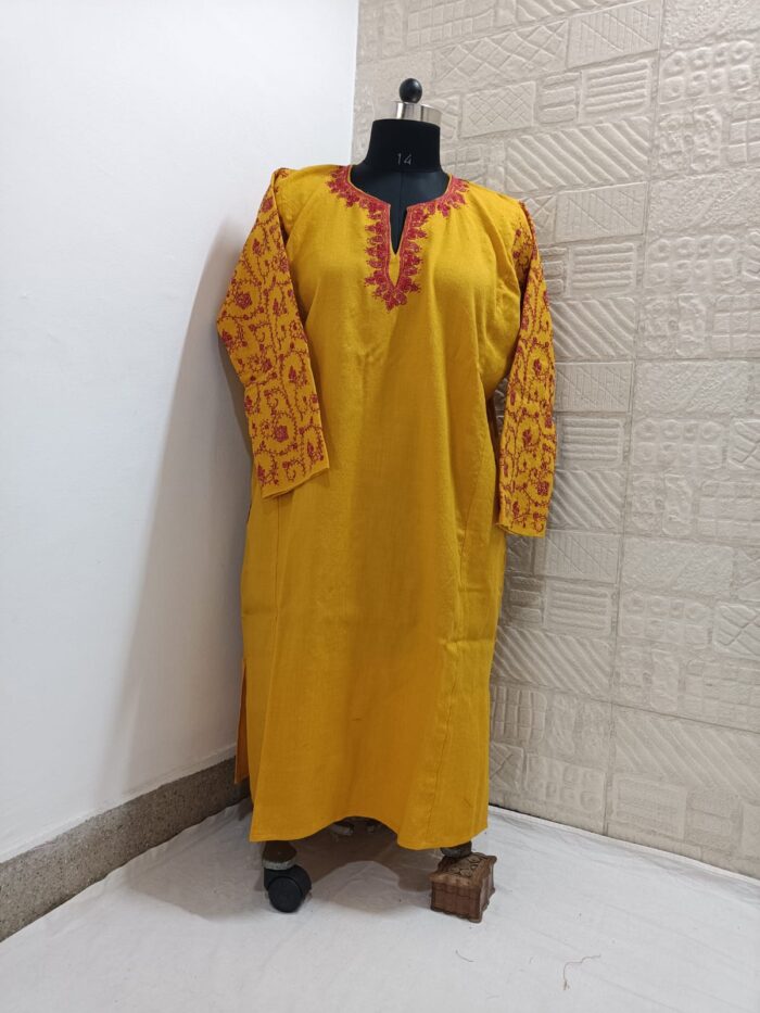 Yellow Pure Raffal Pheran With Rose Hand Sozni Embroidery - Image 3