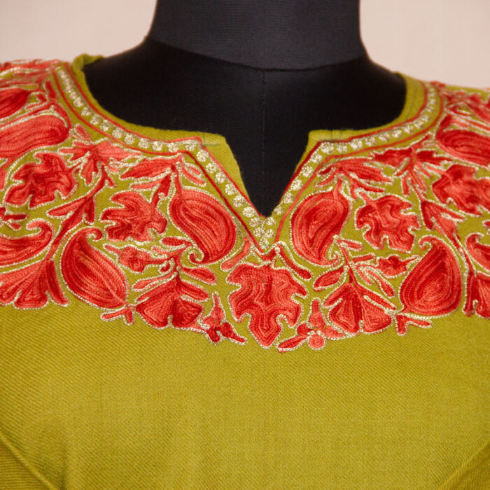 Green Gracious Designed Aari Zari Embroidered Raffal Phiran - Image 3