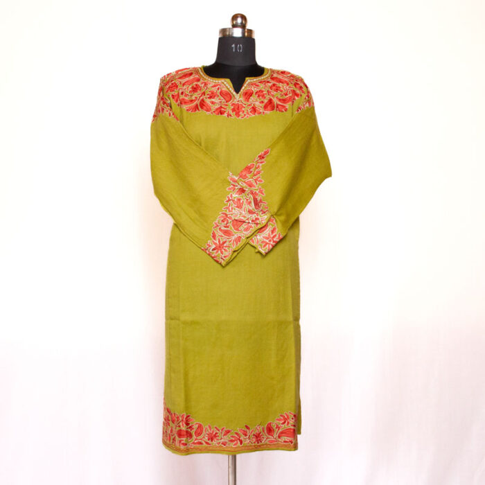 Green Gracious Designed Aari Zari Embroidered Raffal Phiran - Image 2