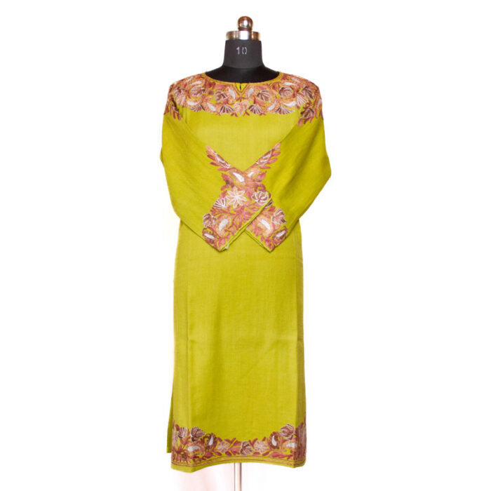 Green Bahar Aari Zari Embroidered Raffal Phiran - Image 2