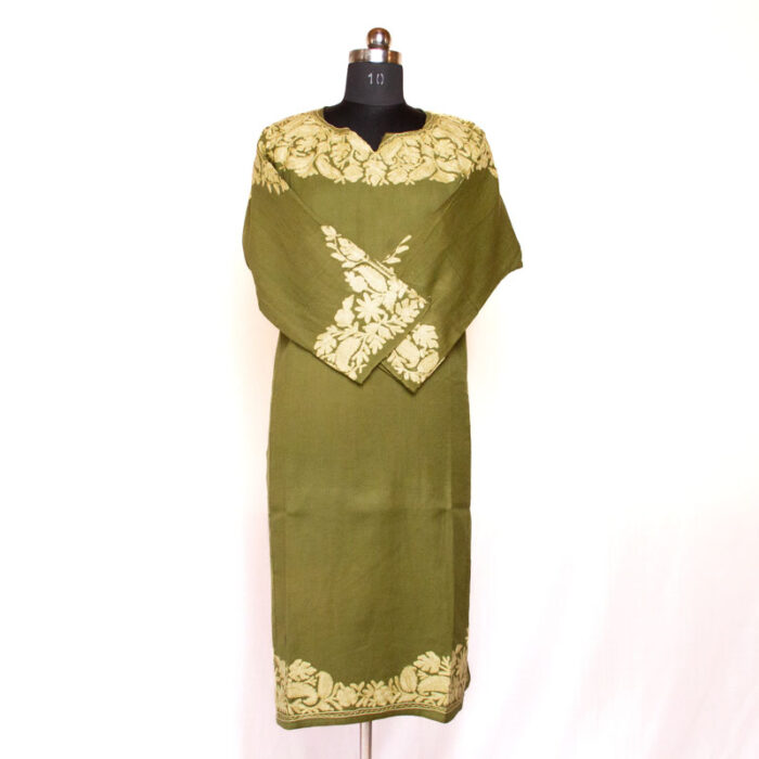 Mehndi Green Shahi Aari Zari Embroidered Raffal Phiran - Image 4