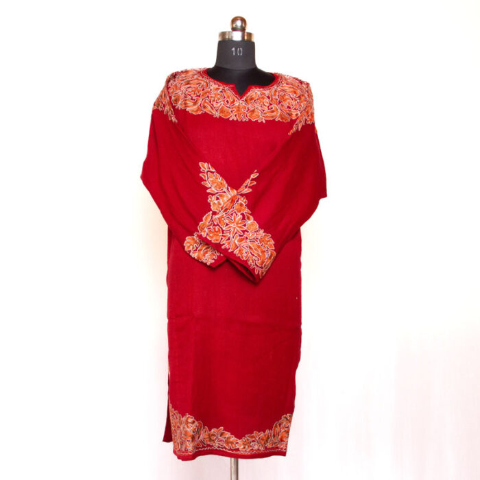 Maroon Khezar Aari Zari Embroidered Raffal Phiran - Image 2