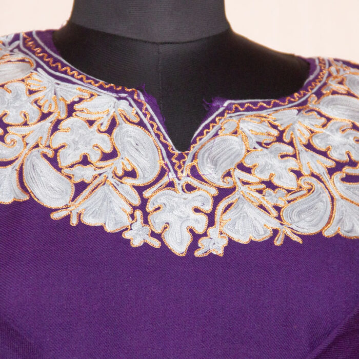 Dark Blue Khezar Aari Zari Embroidered Raffal Phiran - Image 3