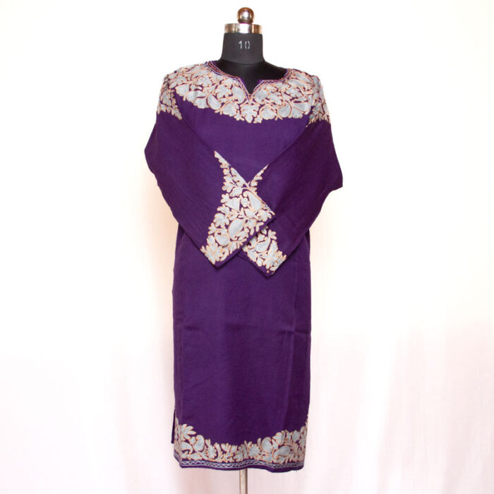 Dark Blue Khezar Aari Zari Embroidered Raffal Phiran - Image 2