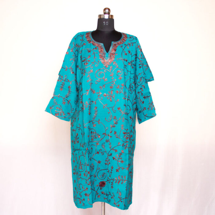 Ferozi Blue All Over Aari Cashmilon Pheran - Image 2
