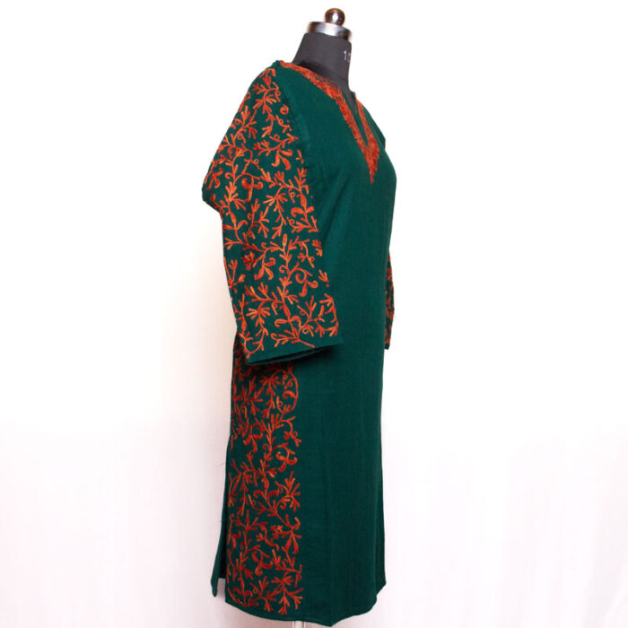 Dark Green Side Panel Aari Cashmilon Pheran - Image 3