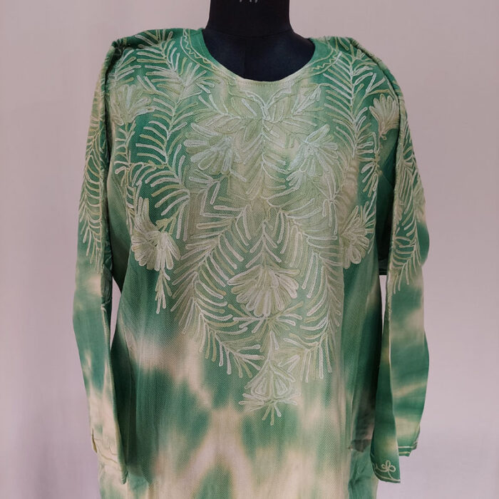 Greenish Tie-Dye Cashmilon Aari Pheran