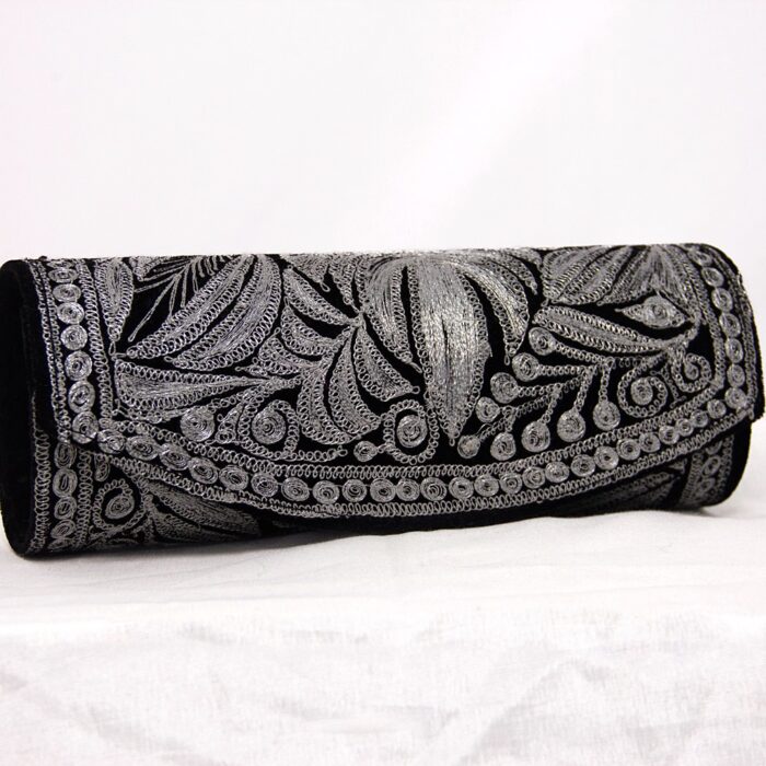 Black Velvet Clutch With Silver Tilla Work