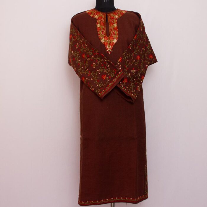 Rust Brown Handwork Sozni Raffal Pheran - Image 2