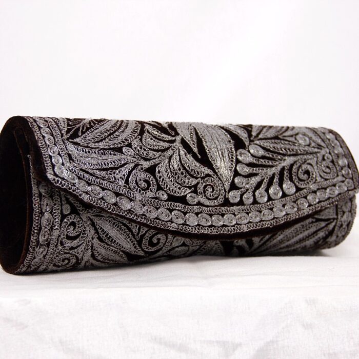 Brown Velvet Tilla Clutch With Silver Work