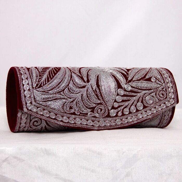 Maroon Tilla Clutch With Silver Work
