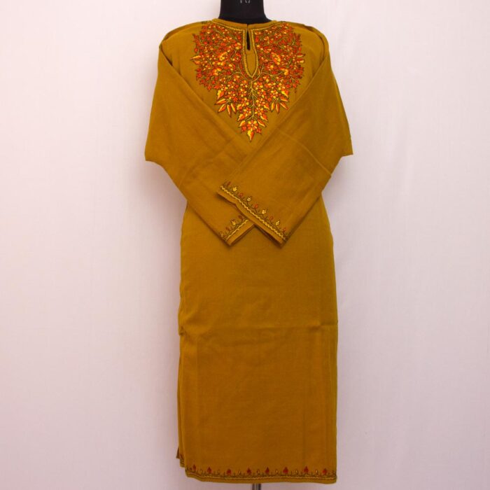 Mustard Paper Mache Sozni Handwork Raffal Pheran - Image 2
