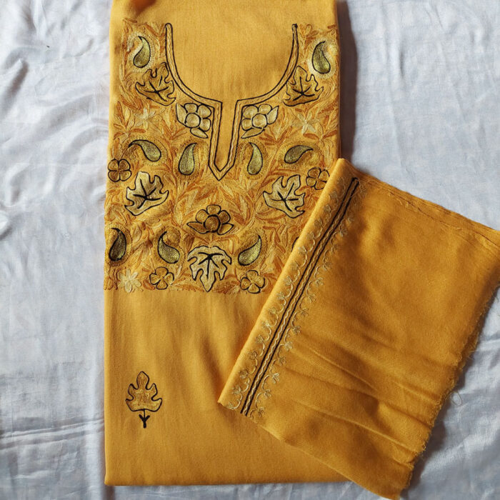 Light Mustard Pure Wool Aari 3 Pc Suit