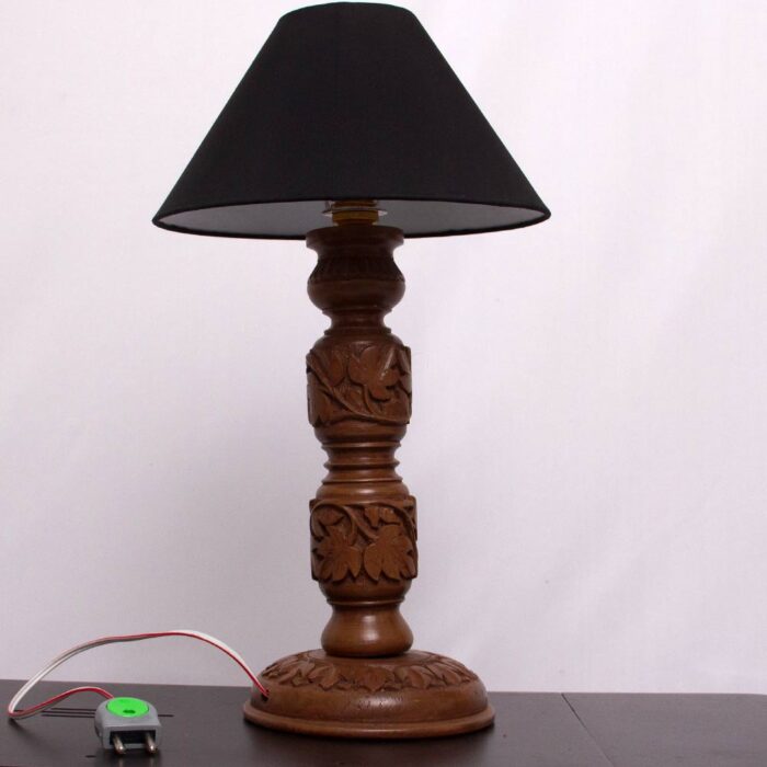 Walnut Wood Table Lamp With Hand Carved Chinar Design - H12