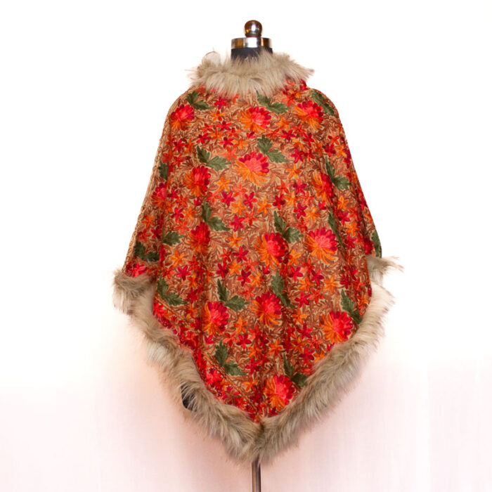 Floral Aari Embroidery Fur Poncho