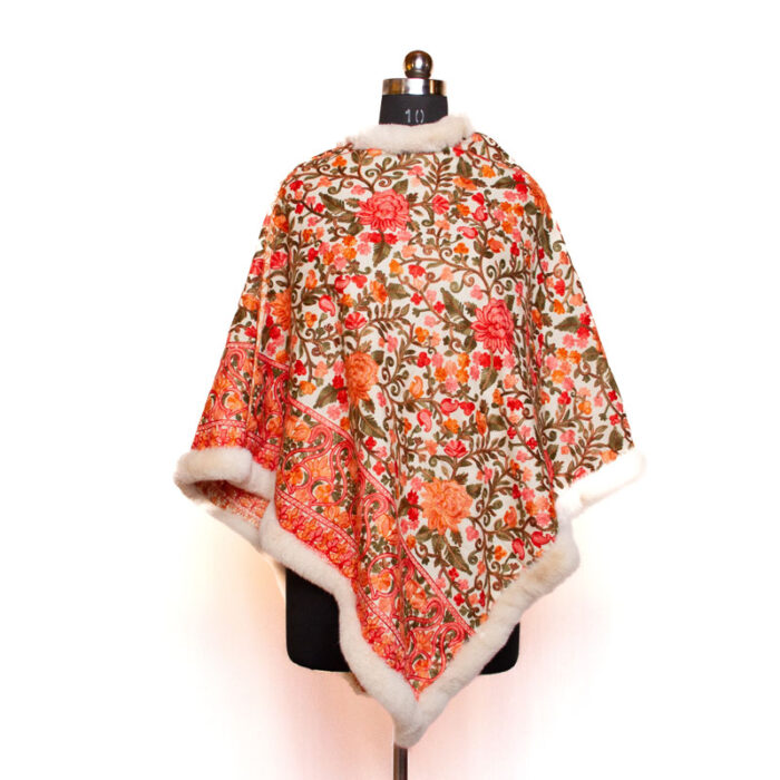 White Aari Embroidery Fur Poncho