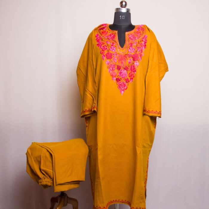 Mustard Cashmilon Aari Pheran with Pant