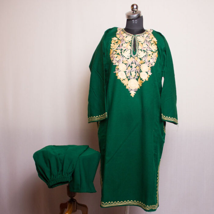 Dark Green Cashmilon Aari Pheran with Pant