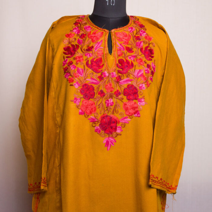 Pretty Mustard Cashmilon Aari Pheran with Pant - Image 2