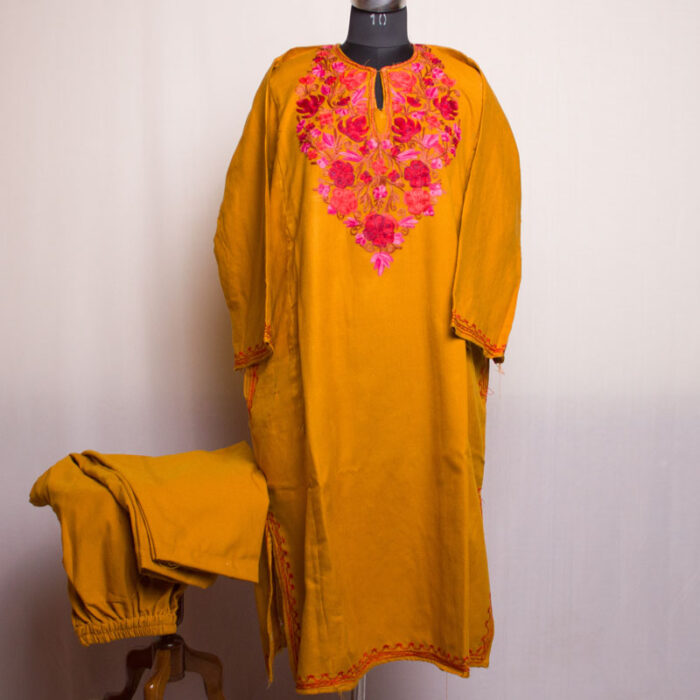 Pretty Mustard Cashmilon Aari Pheran with Pant