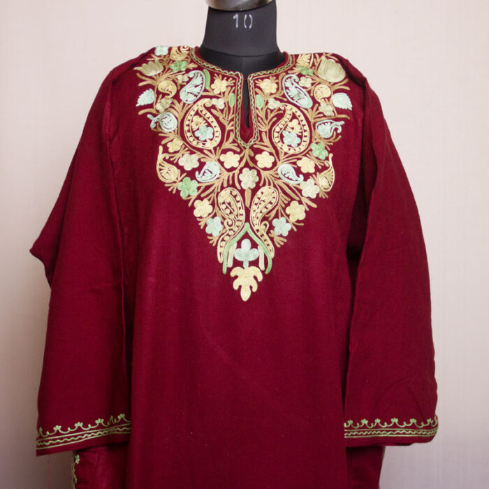 Pretty Maroon Cashmilon Aari Pheran with Pant - Image 2