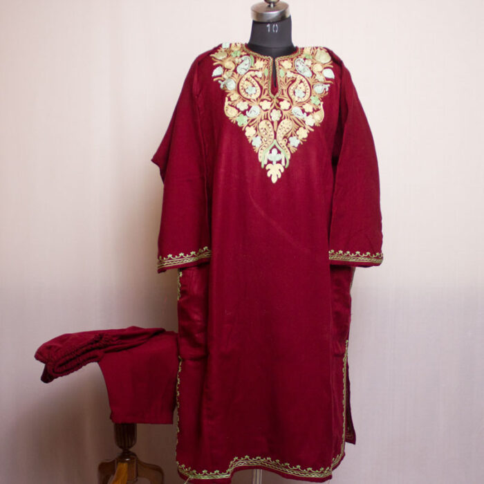 Pretty Maroon Cashmilon Aari Pheran with Pant