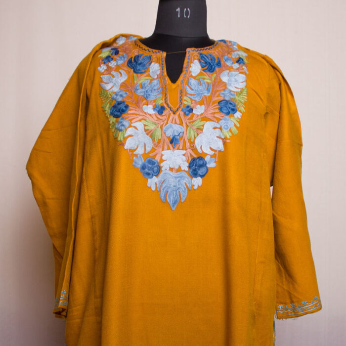 Fine Mustard Cashmilon Aari Pheran Set with Pant - Image 2