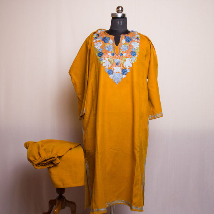 Fine Mustard Cashmilon Aari Pheran Set with Pant