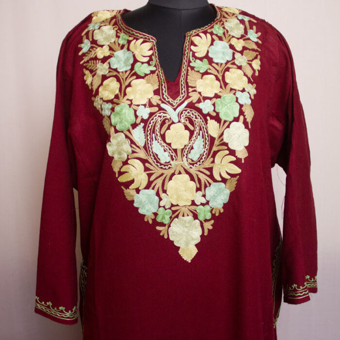 Fine Maroon Cashmilon Aari Pheran with Pant - Image 2