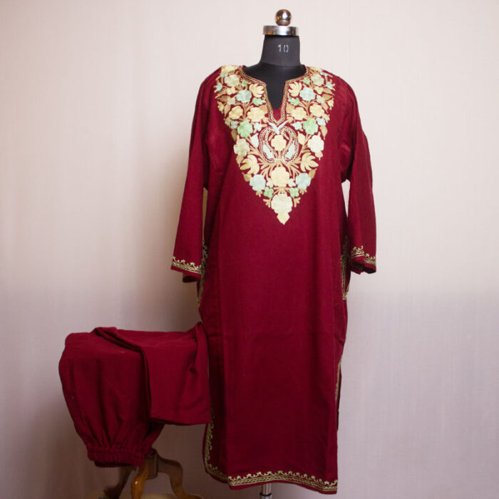 Fine Maroon Cashmilon Aari Pheran with Pant