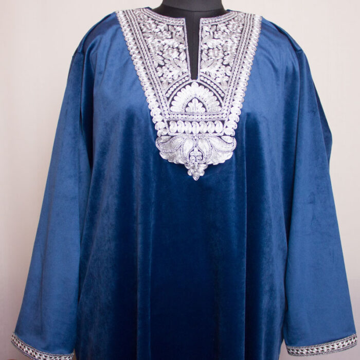 Dark Blue Velvet Tilla Pheran with Pant - Image 2