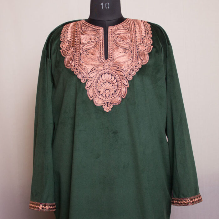 Dark Green Velvet Tilla Pheran with Pant - Image 2