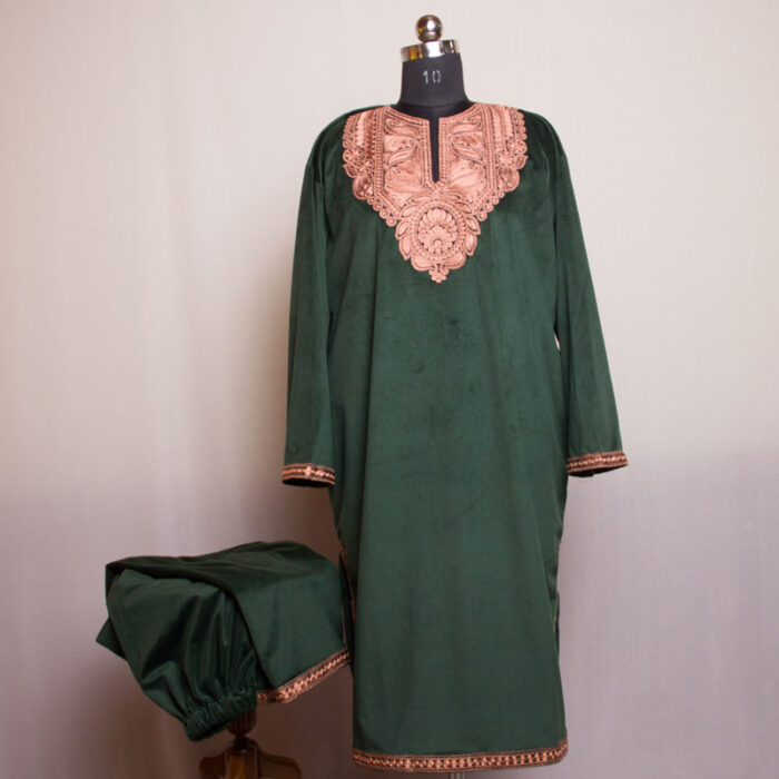 Dark Green Velvet Tilla Pheran with Pant