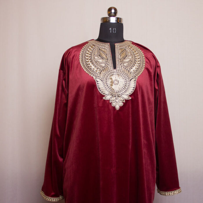 Maroon Velvet Tilla Pheran with Pant - Image 2
