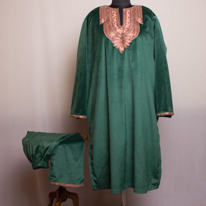 Dark Green Fine Velvet Tilla Pheran with Pant