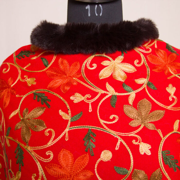 Red Aari Embroidery Poncho with Fur - Image 2