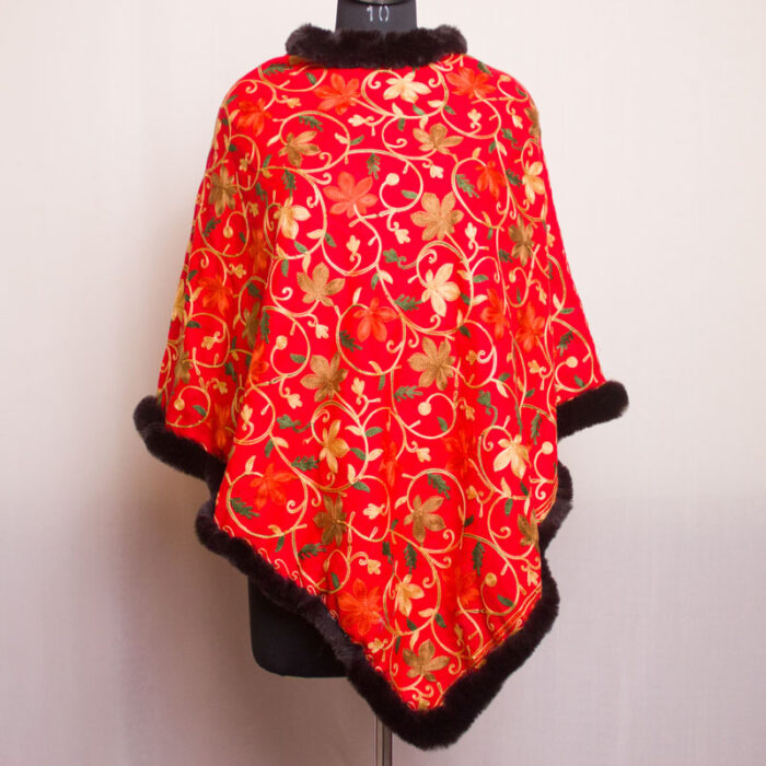 Red Aari Embroidery Poncho with Fur